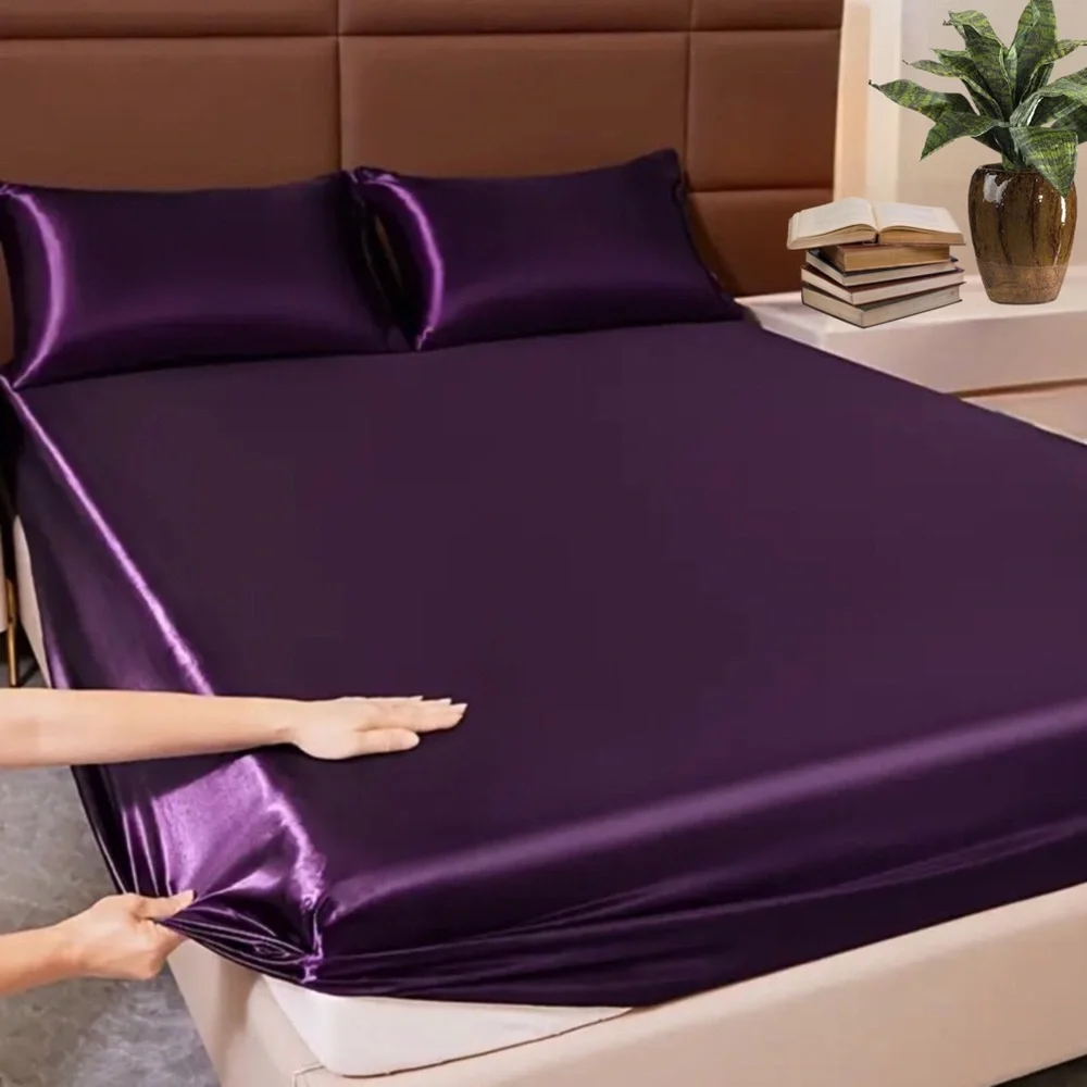3pc Luxurious Satin Sheet Bedding Set - Metallic Deep Plum Purple